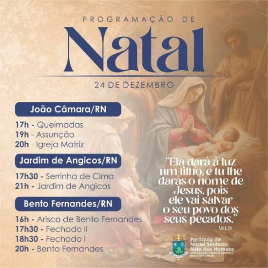 João Câmara: Paróquia Nossa Senhora Mãe dos Homens divulga horários de Missas de Natal